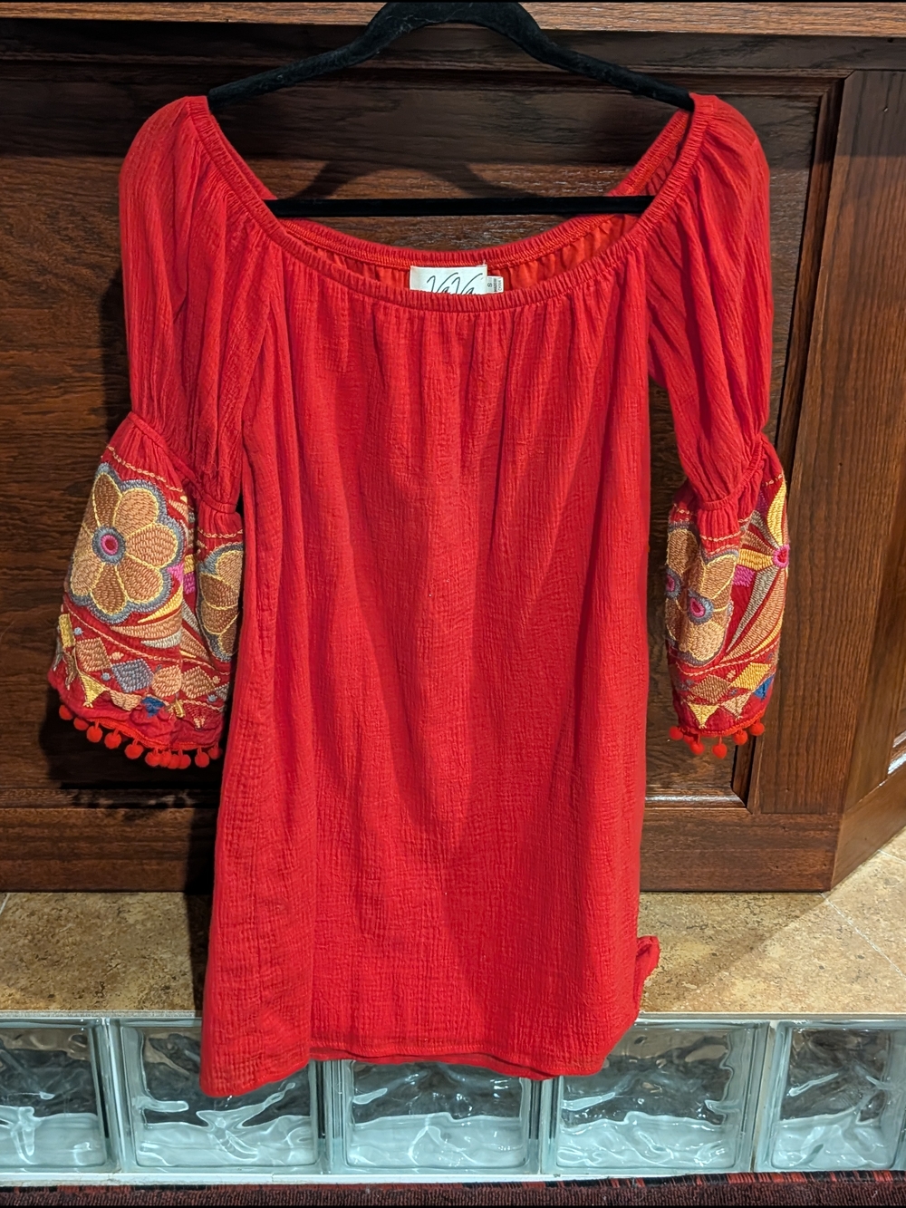 Vava by Joy Han Red Embroidered Sleeve Peasant Dress